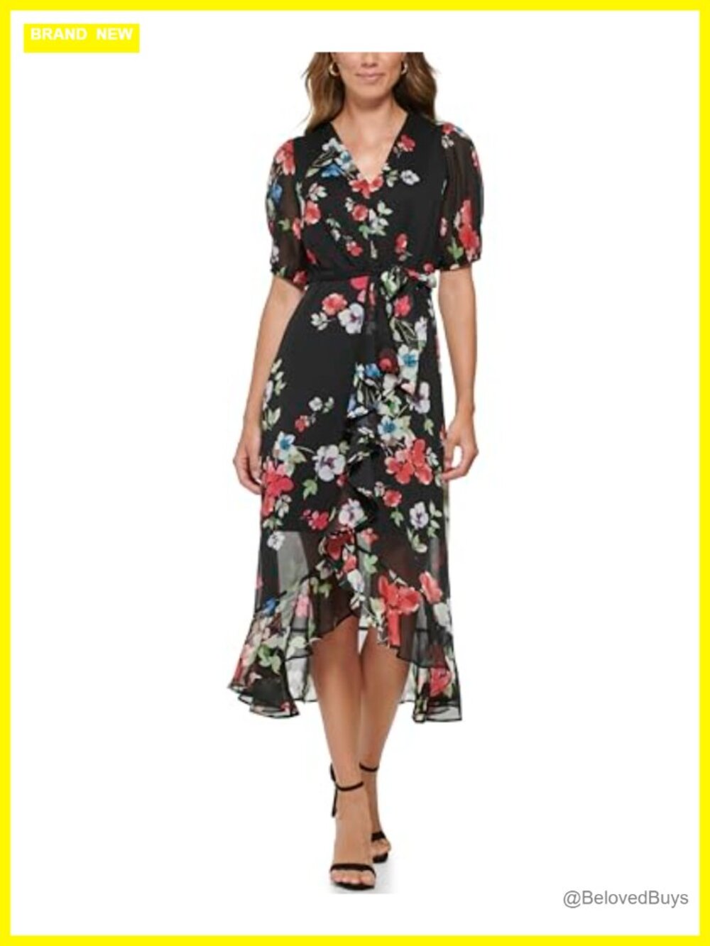 Ruffle Hem V-Neck Puff Sleeve Midi Dress